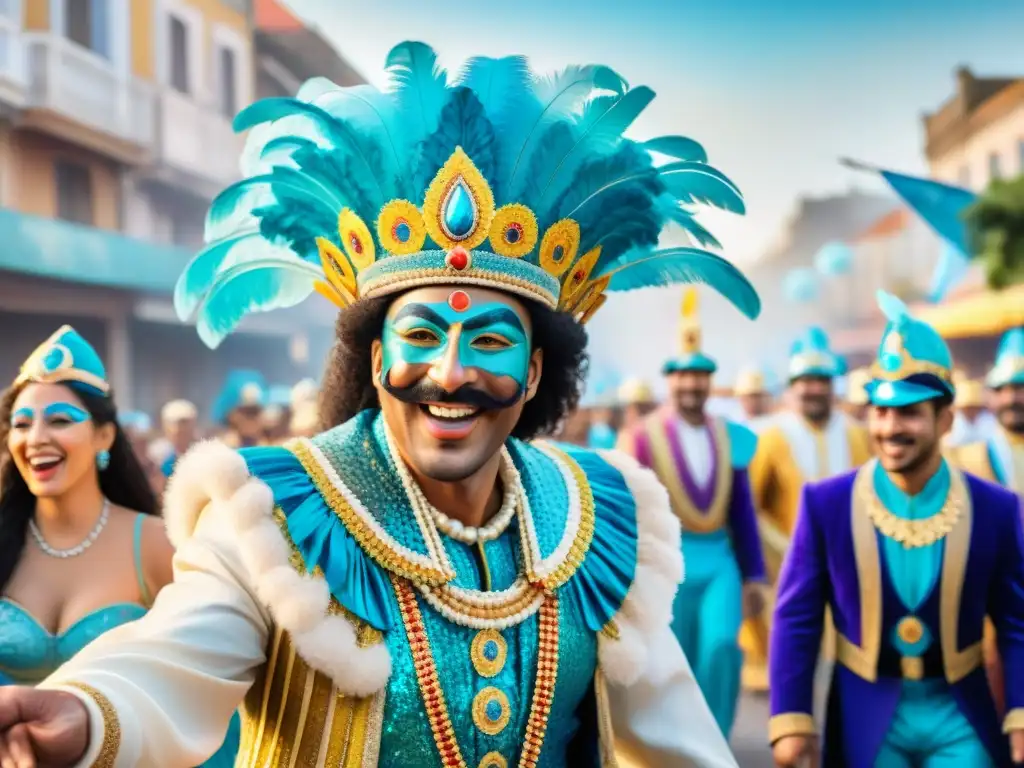 Grupo alegre en trajes vibrantes con lentejuelas, celebrando Carnaval en Uruguay