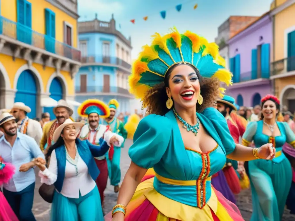 Un grupo alegre de viajeros celebra el Carnaval Uruguayo entre edificios coloniales y confeti, expresando emoción y asombro