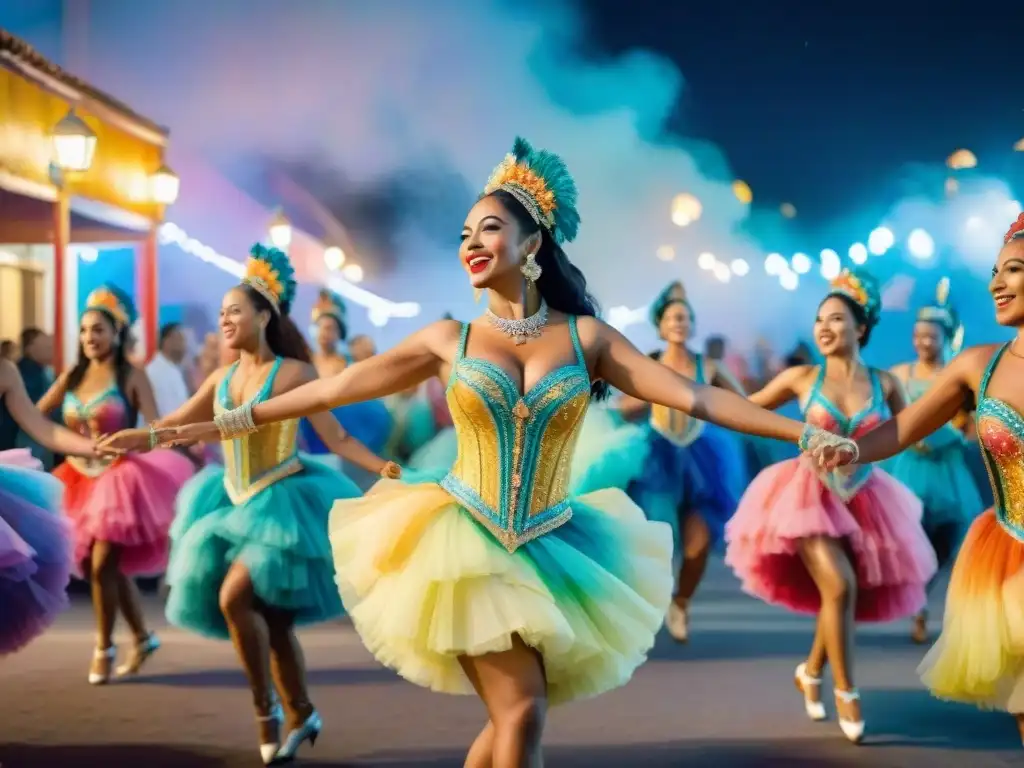 Grupo de alegres bailarines en el vibrante Carnaval Uruguayo bajo las estrellas, rodeados de luces y coloridos