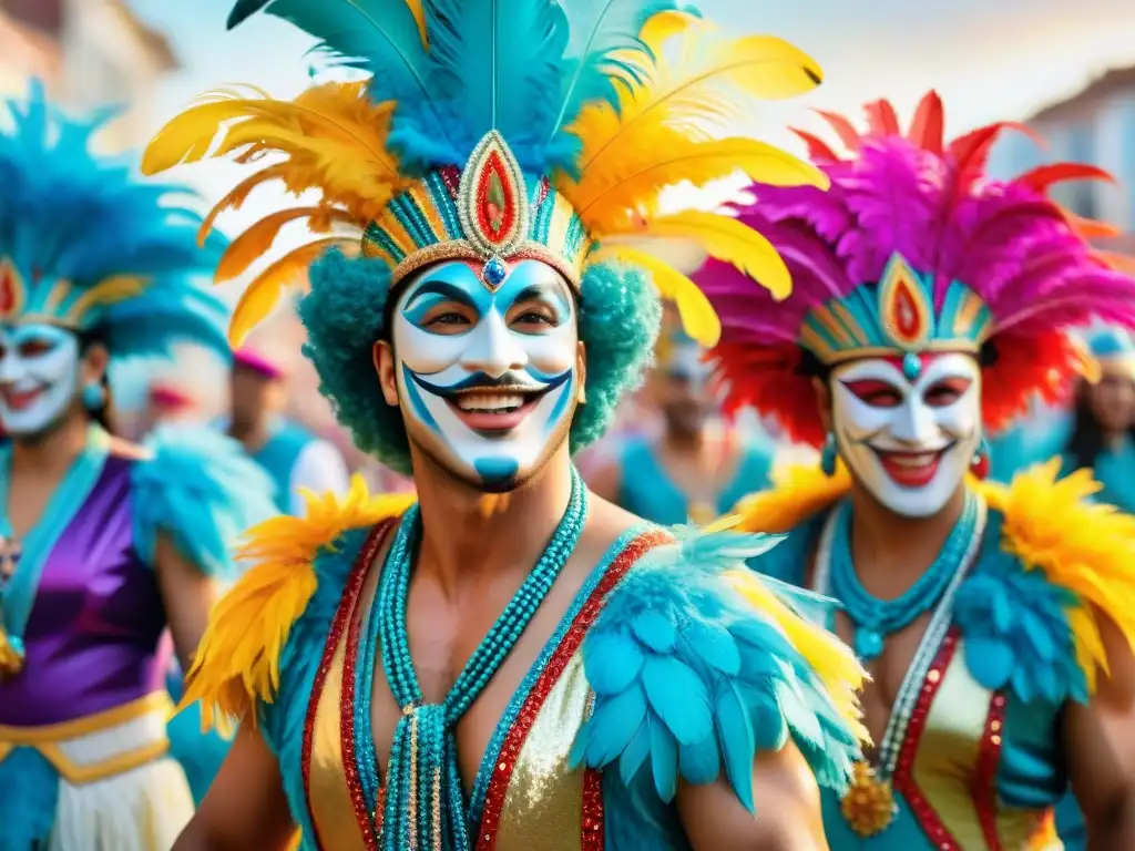 Grupo animado de parodistas del Carnaval Uruguayo danzando alegremente al ritmo de la música, rodeados de coloridas plumas y lentejuelas