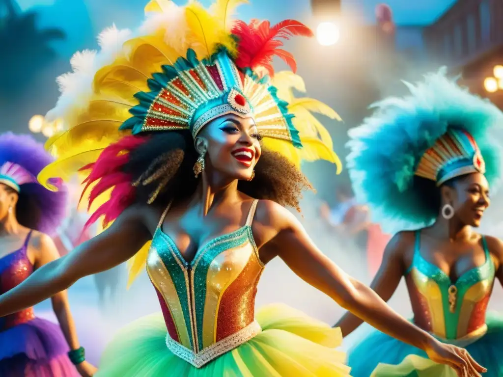 Choreógrafos apasionados en ensayo de carnaval Un grupo de apasionados coreógrafos del Carnaval ensayan con alegría y determinación, rodeados de coloridos trajes y notas musicales