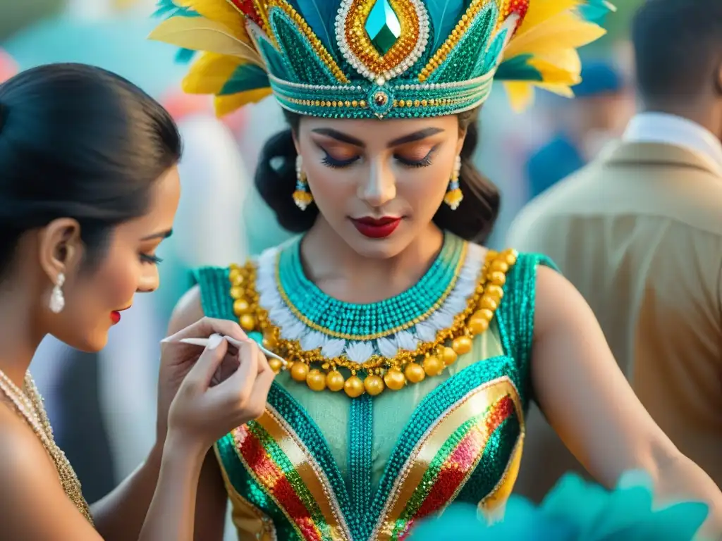 Un grupo de artesanos uruguayos crea con destreza trajes de carnaval con lentejuelas, en un taller vibrante y lleno de creatividad