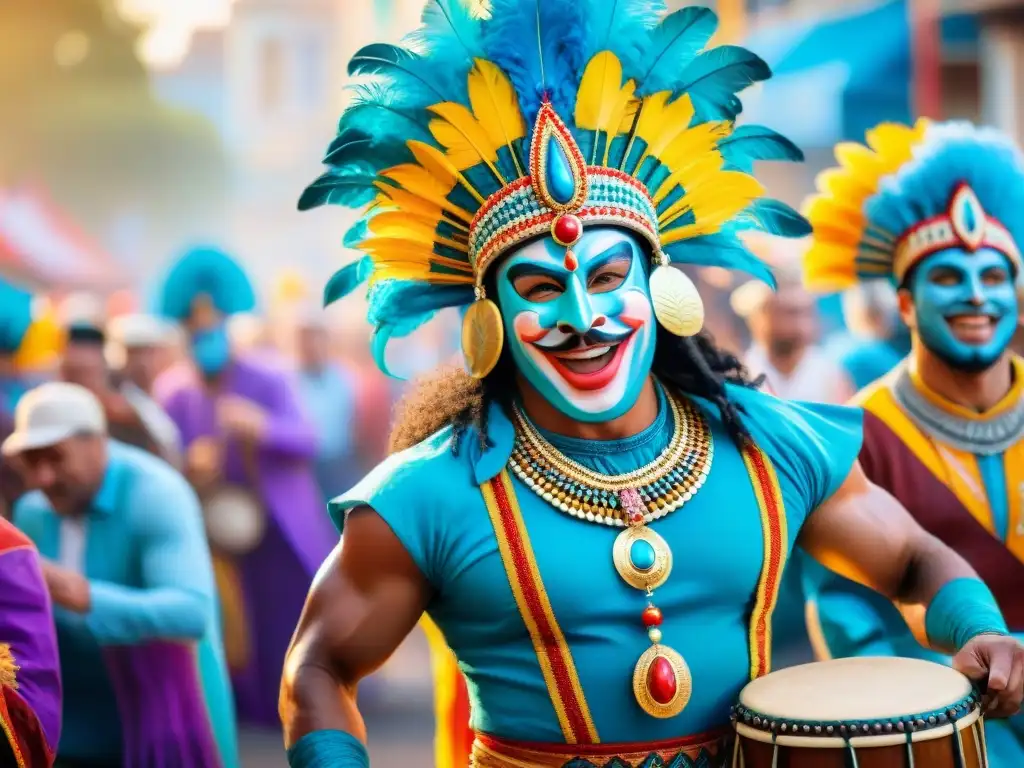 Grupo de artistas danzando con alegría en el Carnaval Uruguayo, combinando trajes y accesorios coloridos