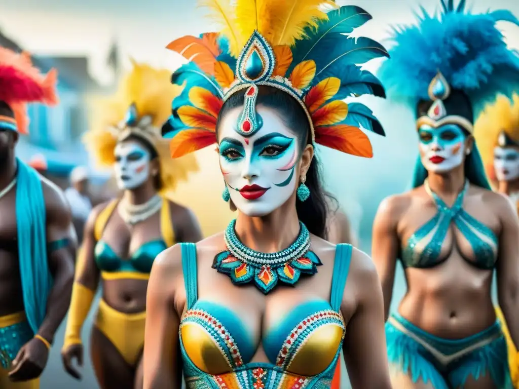 Grupo de artistas de body painting Uruguay en vibrante carnaval con elaborados diseños y colores festivos