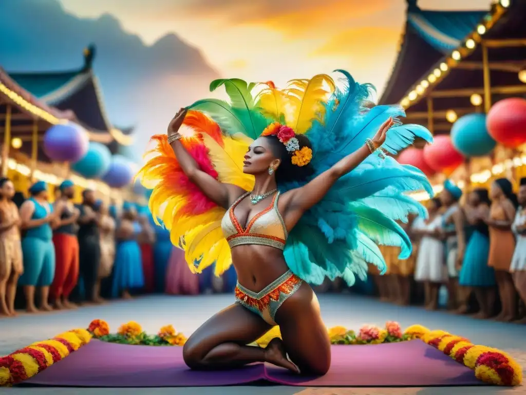 Grupo de artistas de carnaval realizando estiramientos esenciales en un escenario tropical lleno de coloridas plumas y flores exóticas al atardecer