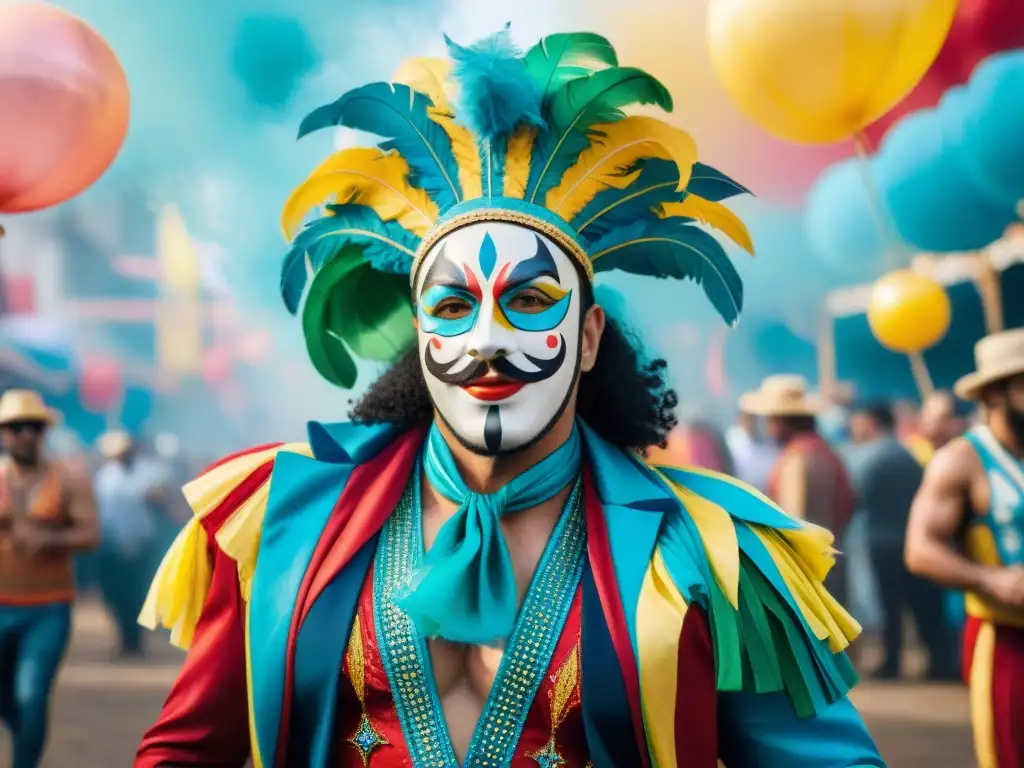 Grupo de artistas del Carnaval Uruguayo con vestuario sostenible y colorido en fiesta alegre