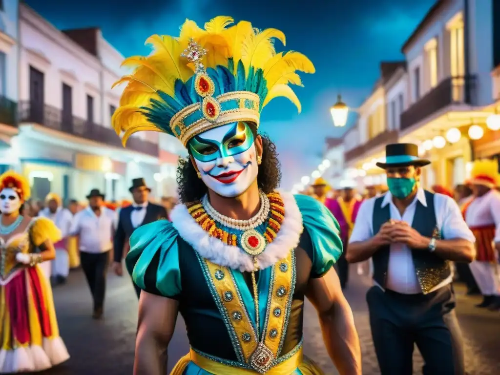 Grupo de artistas del Carnaval Uruguayo en trajes elaborados, expresando emoción y determinación en momentos controvertidos