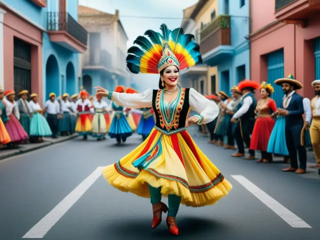 Grupo de artistas bailando en Carnaval Uruguayo, celebrando rituales ancestrales