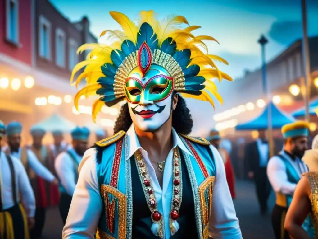 Grupo de artistas del Carnaval Uruguayo con piezas exclusivas: plumas, lentejuelas y máscaras, en un despliegue de lujo y tradición