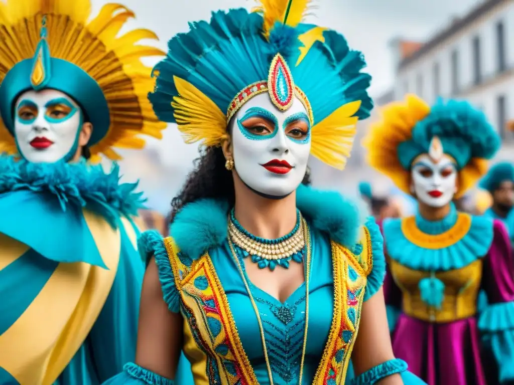 Grupo de artistas de carnaval en Uruguay con vestuario de protesta social, vibrante y detallado