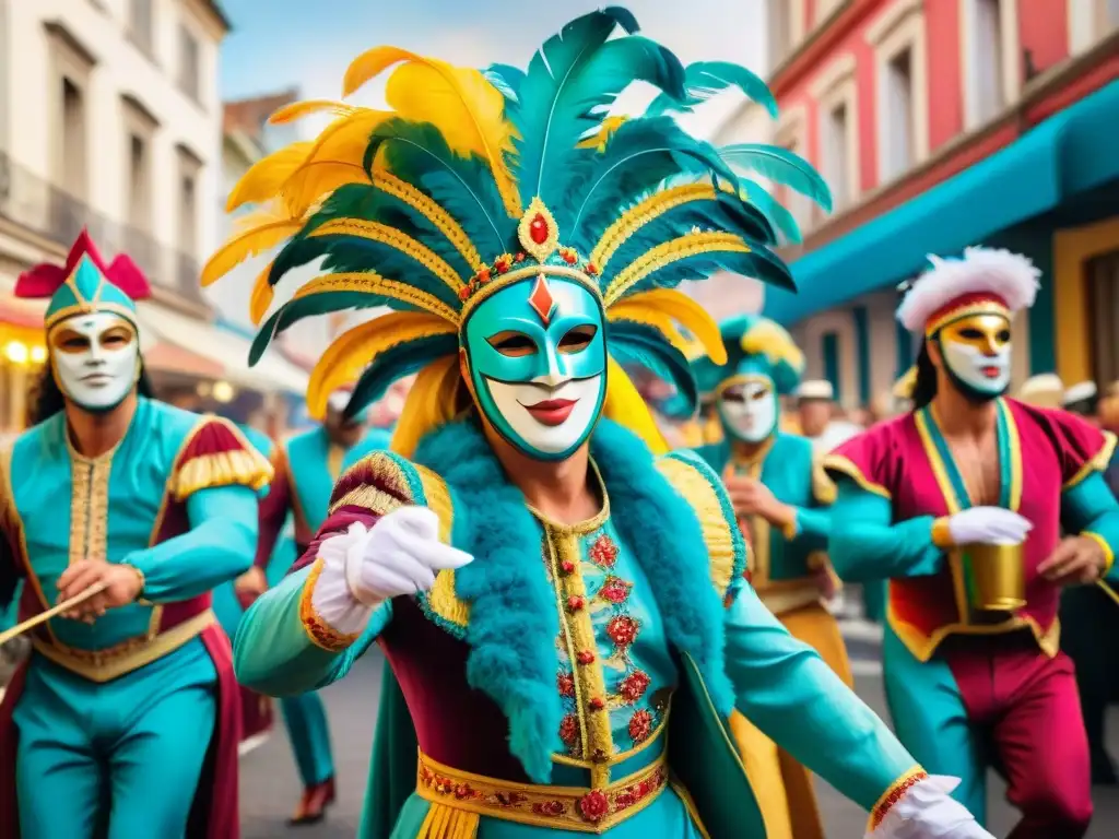 Grupo de artistas enmascarados bailando en el vibrante Carnaval Uruguayo frente a edificios coloniales