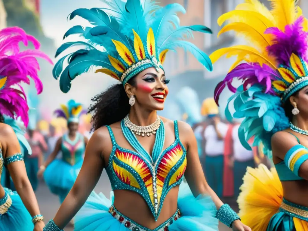 Grupo de bailarines de carnaval en Uruguay, con arte minucioso en trajes coloridos y plumas vibrantes