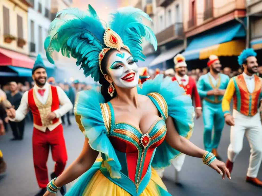 Grupo de bailarines de carnaval en Montevideo, Uruguay, con coloridos trajes y energía festiva