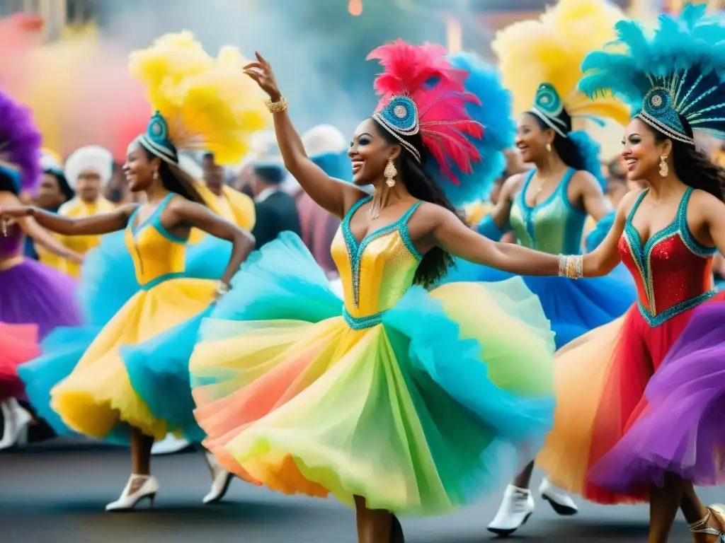 Grupo de bailarines de carnaval en movimiento armonioso, con trajes coloridos y sonrisas, en desfile alegre