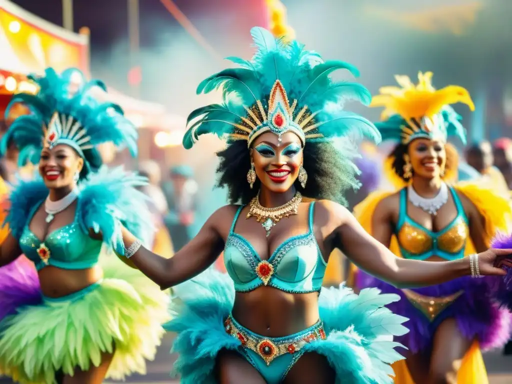 Un grupo de bailarines de carnaval con trajes coloridos y detalles brillantes, danzando al ritmo de la música