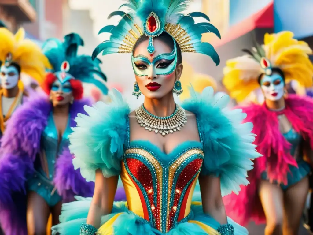 Grupo de bailarines de carnaval con trajes coloridos y maquillaje elaborado en un desfile festivo