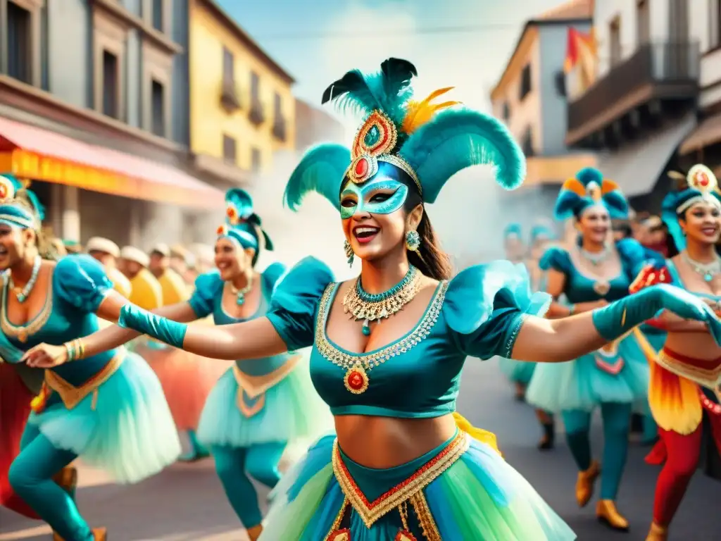 Grupo de bailarines en el Carnaval Uruguayo con trajes coloridos y máscaras, capturando la energía y la historia marca Carnaval Uruguayo