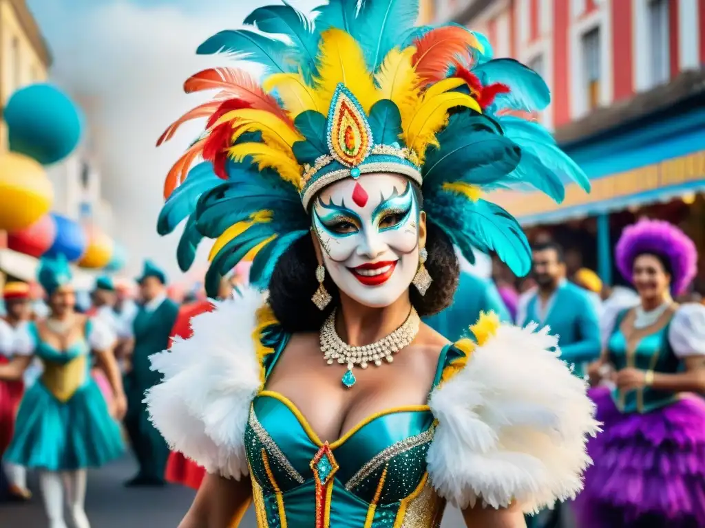 Grupo de bailarines de Carnaval con vestuarios vibrantes y detallados en una calle festiva