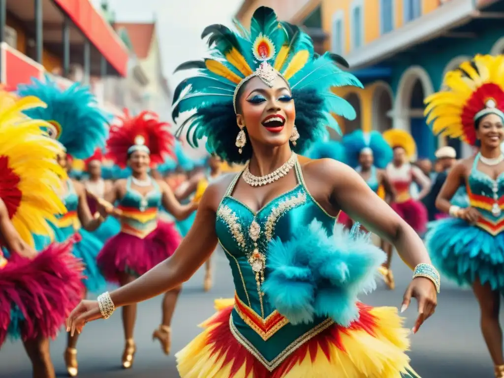 Grupo de bailarines en trajes de Carnaval, exhibiendo técnicas avanzadas de danza en medio de la festividad