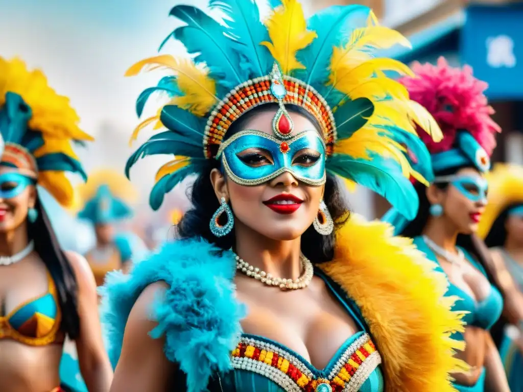 Grupo de bailarines con trajes coloridos de Carnaval Uruguayo en movimiento