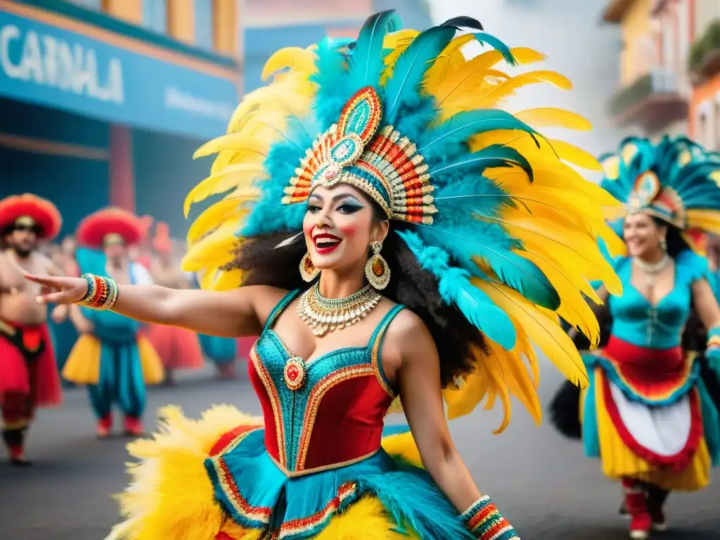 Grupo de bailarines con trajes tradicionales y coloridos en el Carnaval Uruguayo, transmitiendo energía y pasión