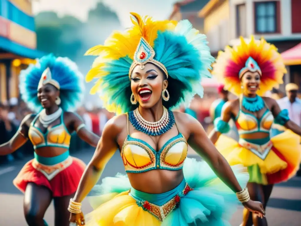 Grupo de bailarines en vibrante Carnaval, mostrando fuerza y agilidad