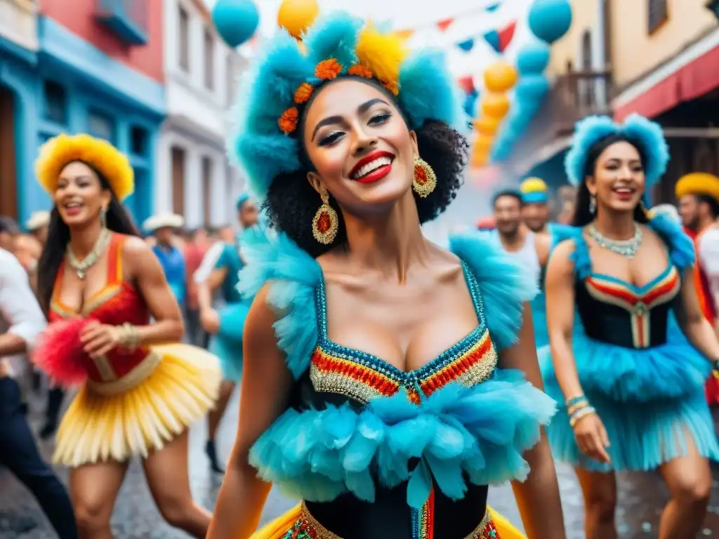 Grupo de bailarines vibrantes en Carnaval Uruguayo, moviéndose con energía y color