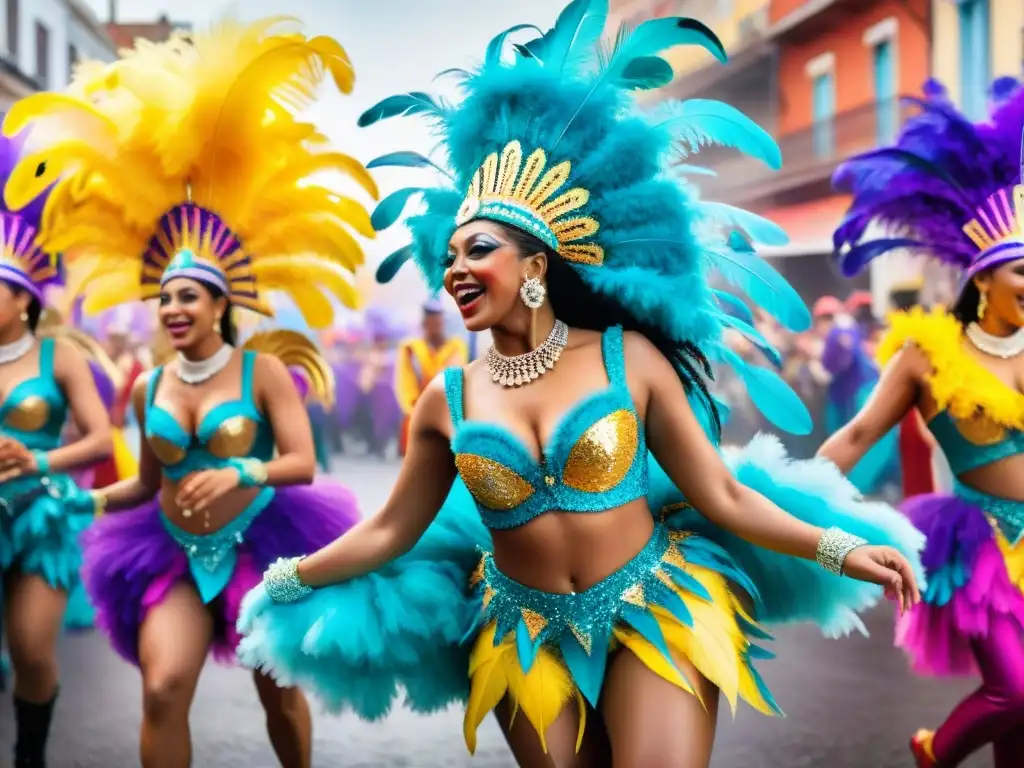 Grupo de bailarines vibrantes en el Carnaval Uruguayo con plumas y lentejuelas, expresando alegría y emoción