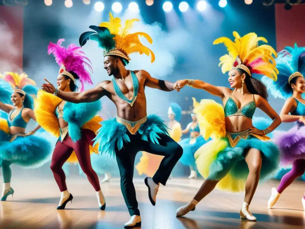 Grupo de bailarines vibrantes ensayando con pasión en un estudio lleno de color, preparación Carnaval Uruguayo