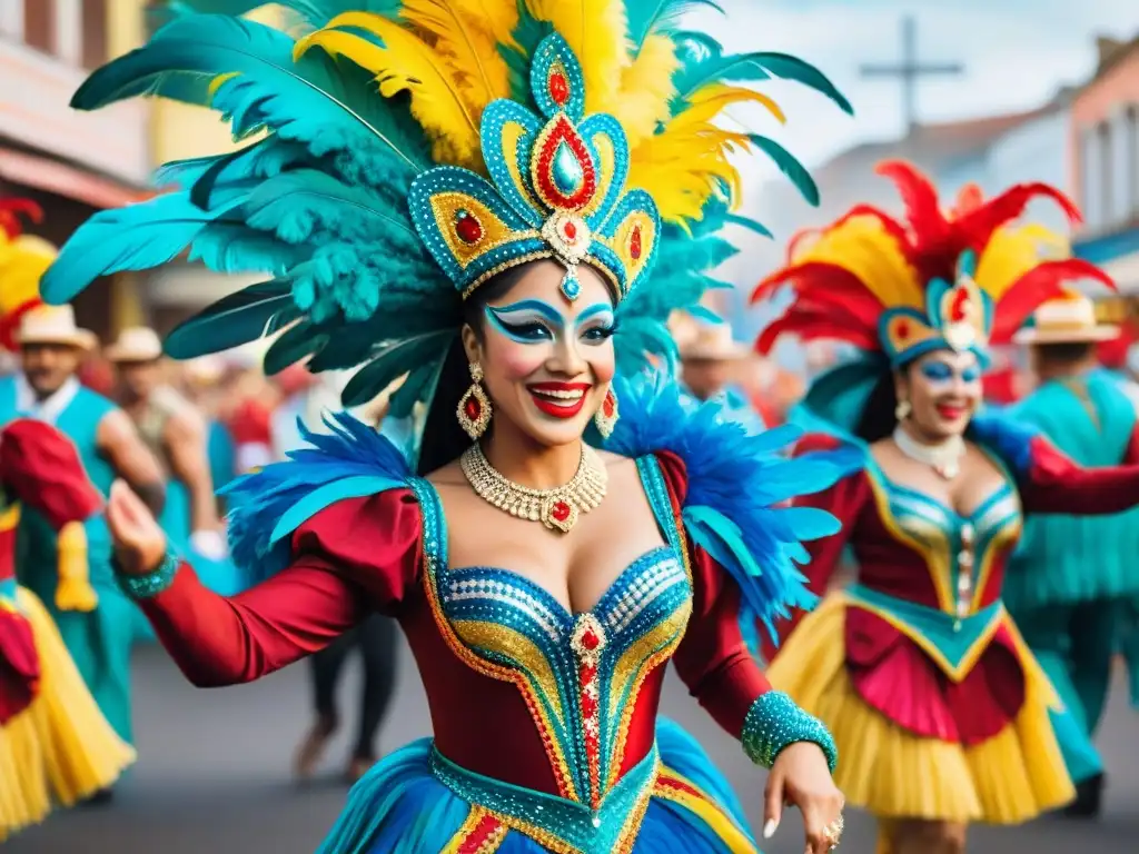 Grupo de bailarines vibrantes en trajes de carnaval uruguayo, con aplicaciones diseño llenas de color y energía festiva