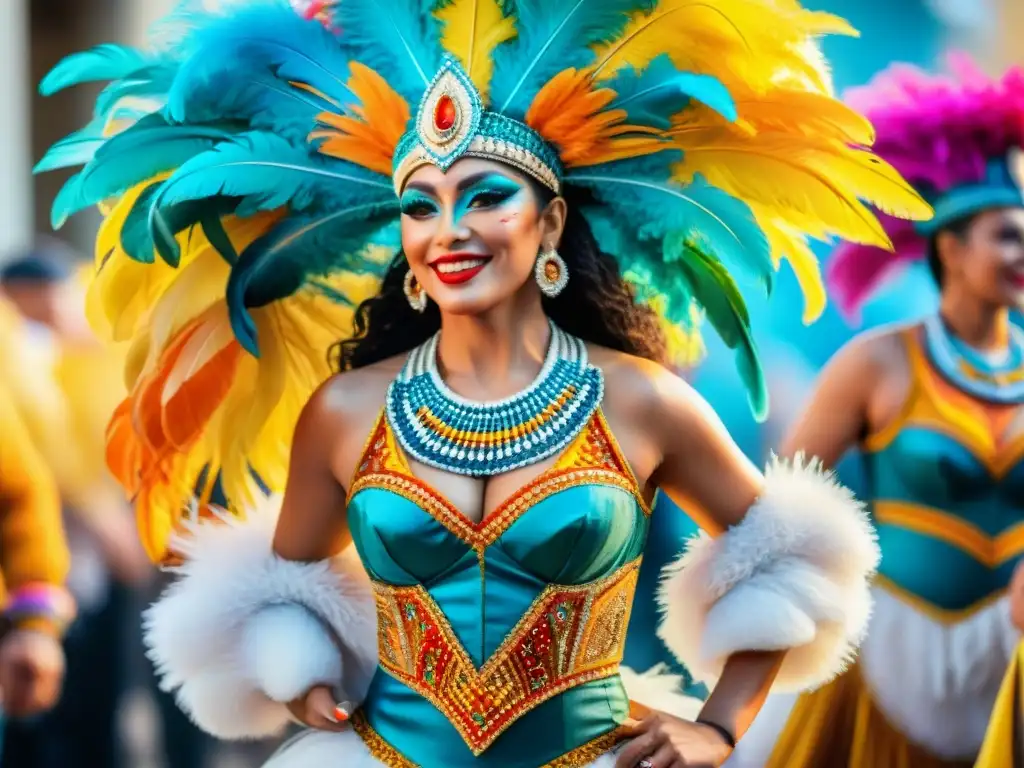 Grupo de bailarines vibrantes en trajes de Carnaval Uruguayo, con plumas, lentejuelas y bordados detallados