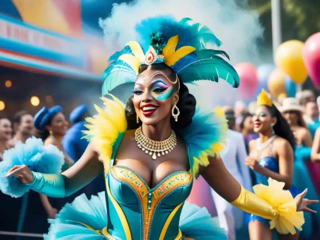 Grupo danzando en Carnaval, vestuarios y maquillajes vibrantes