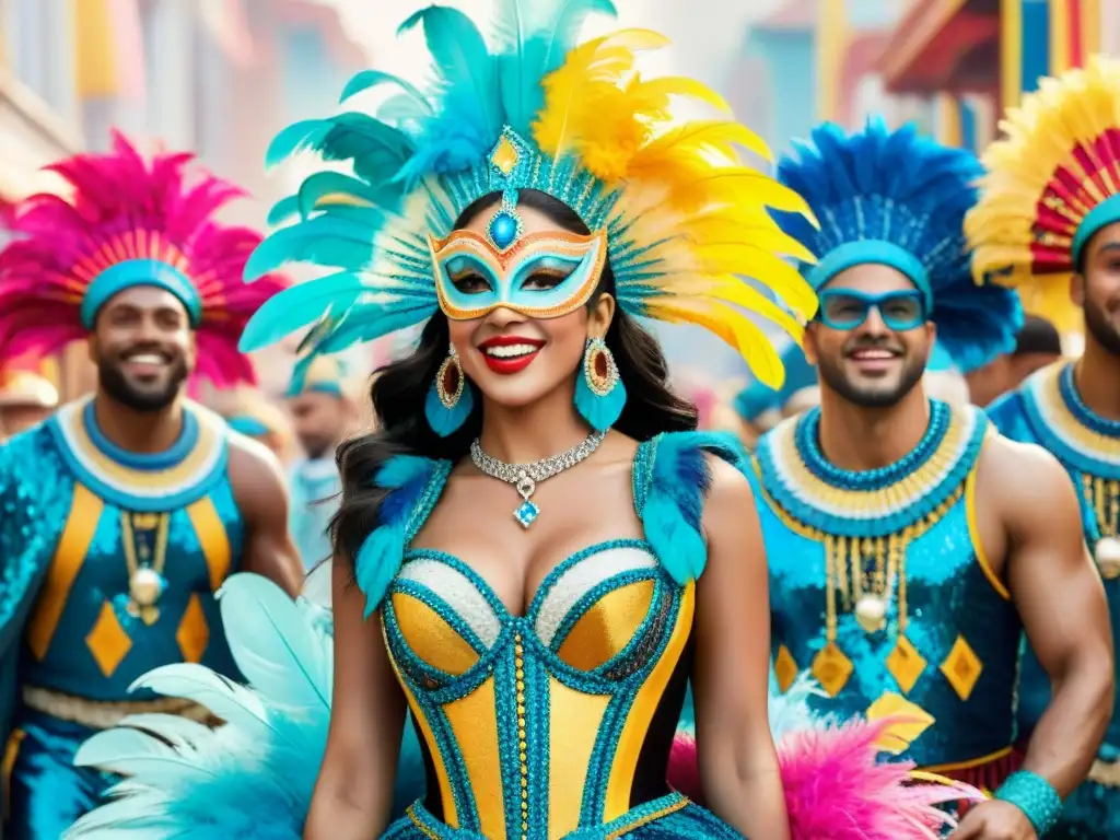 Grupo de celebrantes con trajes vibrantes del Carnaval Uruguayo, fusionando tradición y modernidad