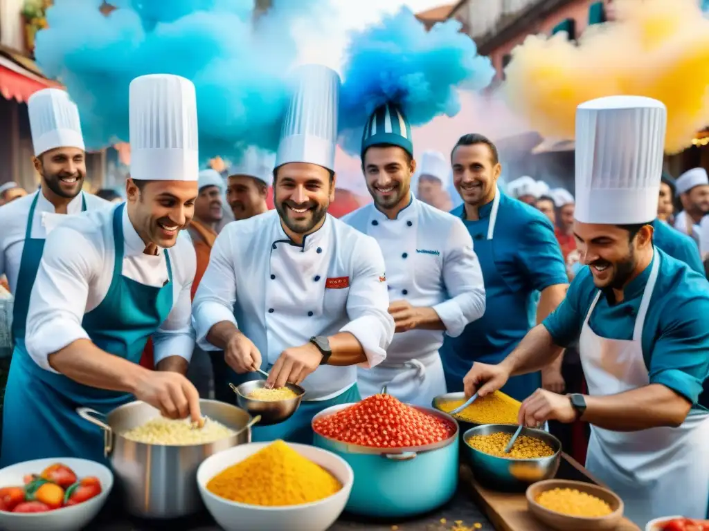 Grupo de chefs apasionados en Carnaval Uruguayo, creando platos festivos en ambiente vibrante