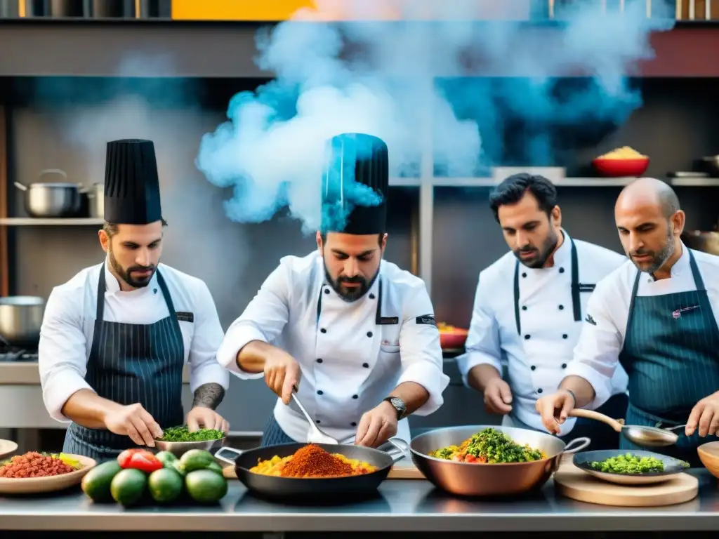 Un grupo de chefs destacados del Carnaval Uruguayo preparando apasionadamente sus platos