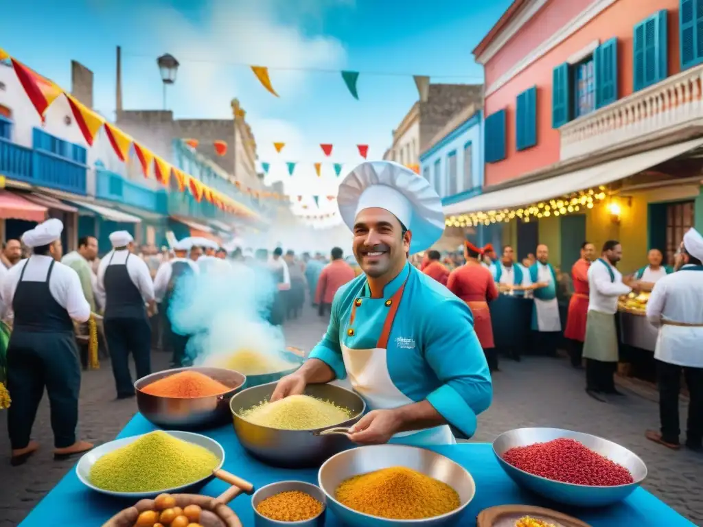 Grupo de chefs destacados en el Carnaval Uruguayo, preparando platos en medio de la festividad