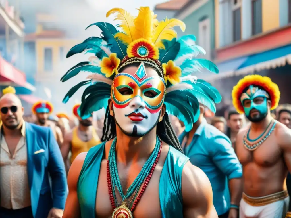 Grupo de cineastas capturando la esencia del Carnaval Uruguayo entre danzas y colores vibrantes