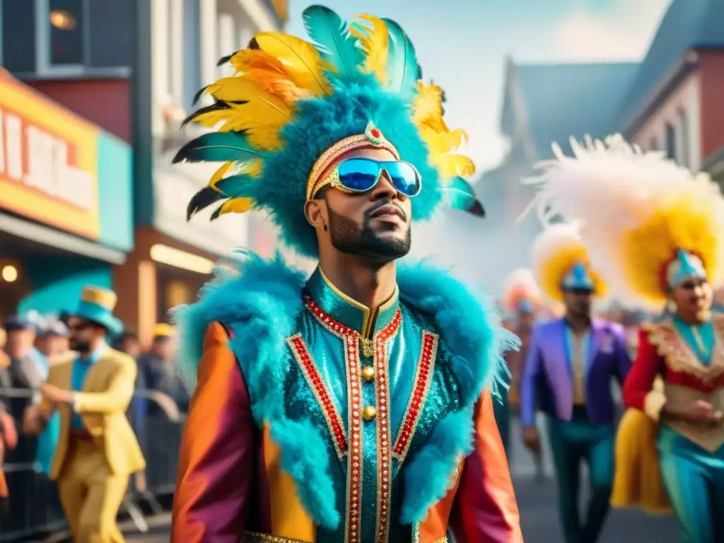 Grupo colorido en trajes de carnaval con detalles brillantes