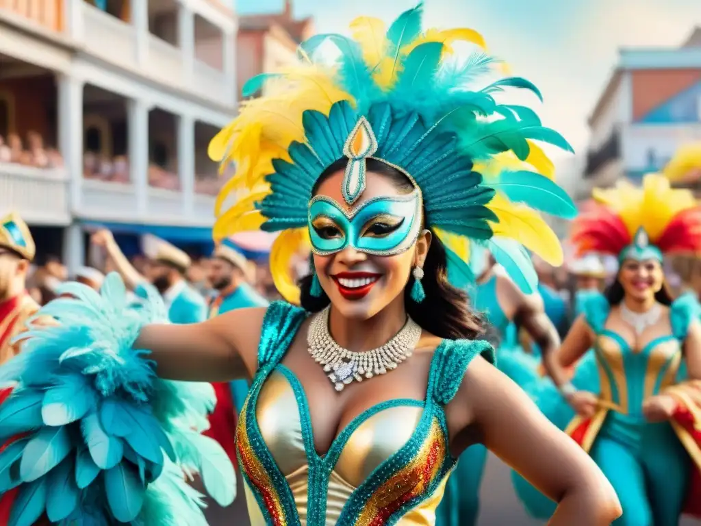 Grupo de coloridos artistas del carnaval uruguayo bailando alegremente en un desfile festivo