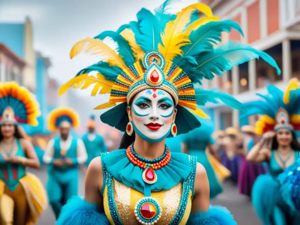 Grupo de coloridos artistas del carnaval uruguayo con trajes tradicionales y plumas, en una escena festiva