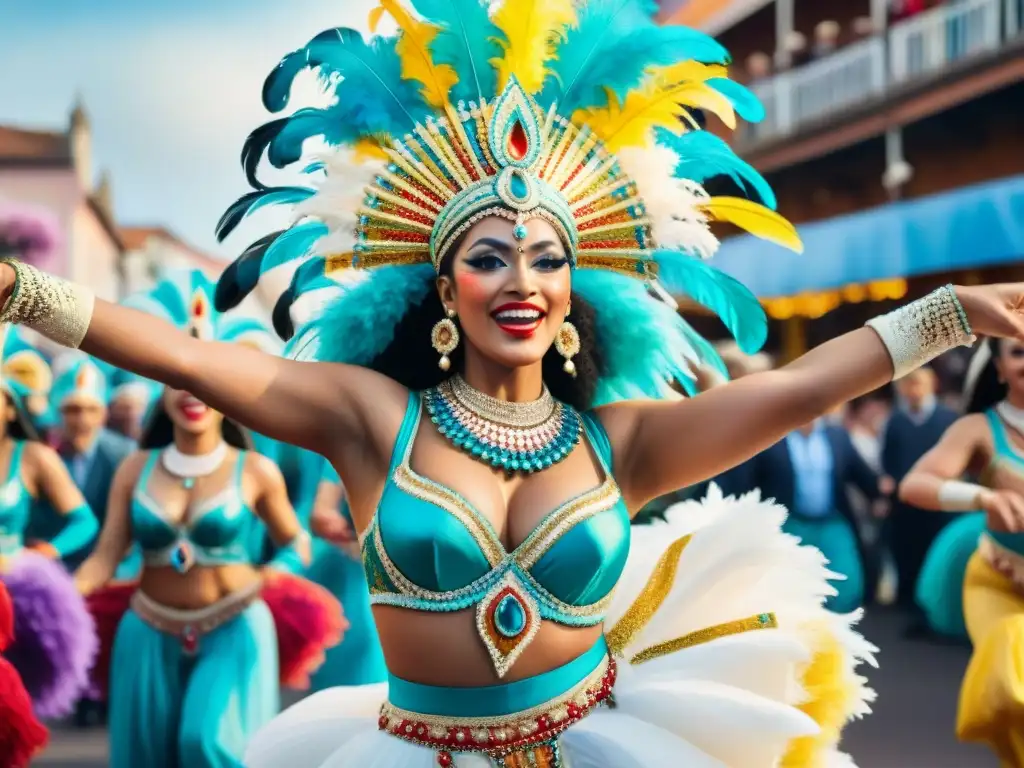 Grupo de coloridos bailarines de carnaval en Uruguay, celebrando en una vibrante parade