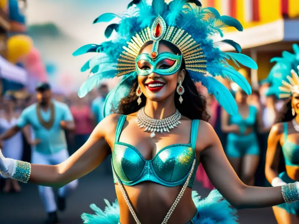 Grupo de coloridos bailarines de carnaval en Uruguay, con trajes elaborados y espectadores animados