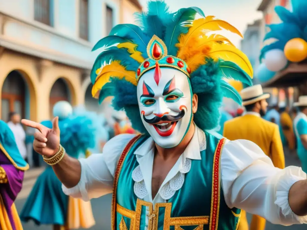 Grupo de coloridos personajes de carnaval bailando alegremente en las calles de Uruguay