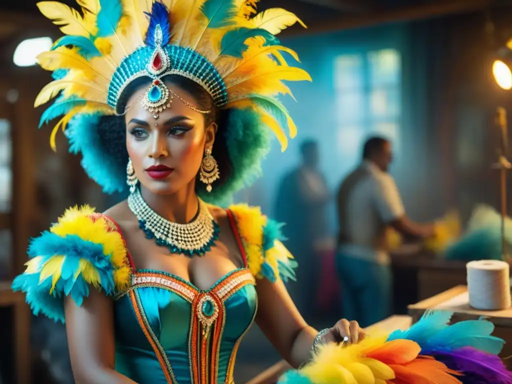 Grupo de conservadores de trajes en Carnaval Uruguayo, creando coloridos y detallados diseños en un taller bullicioso