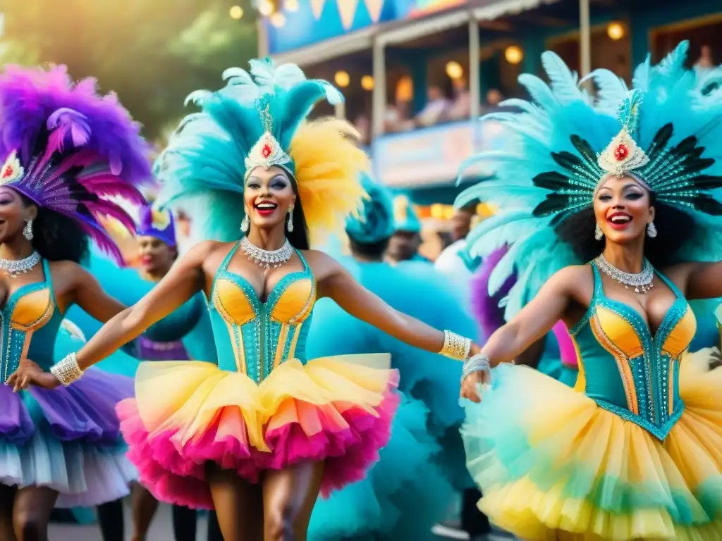 Coreógrafos de carnaval: pasión y colorido Grupo de coreógrafos del Carnaval, vestidos con trajes coloridos, concentrados en coreografiar una rutina animada durante un desfile festivo