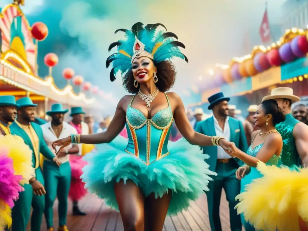 Choreógrafos de Carnaval: Color y Creatividad Grupo de coreógrafos del Carnaval en vibrante ilustración de acuarela, llenos de pasión y creatividad