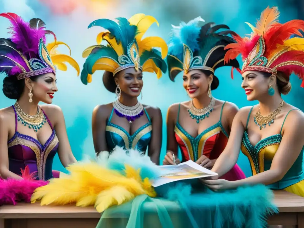 Grupo de diseñadores de vestuario para Carnaval en Uruguay creando juntos trajes coloridos con telas, cuentas y plumas