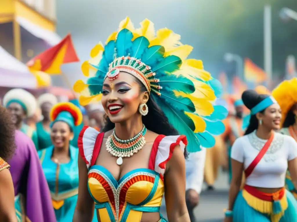 Grupo diverso bailando con alegría en desfile de Carnaval