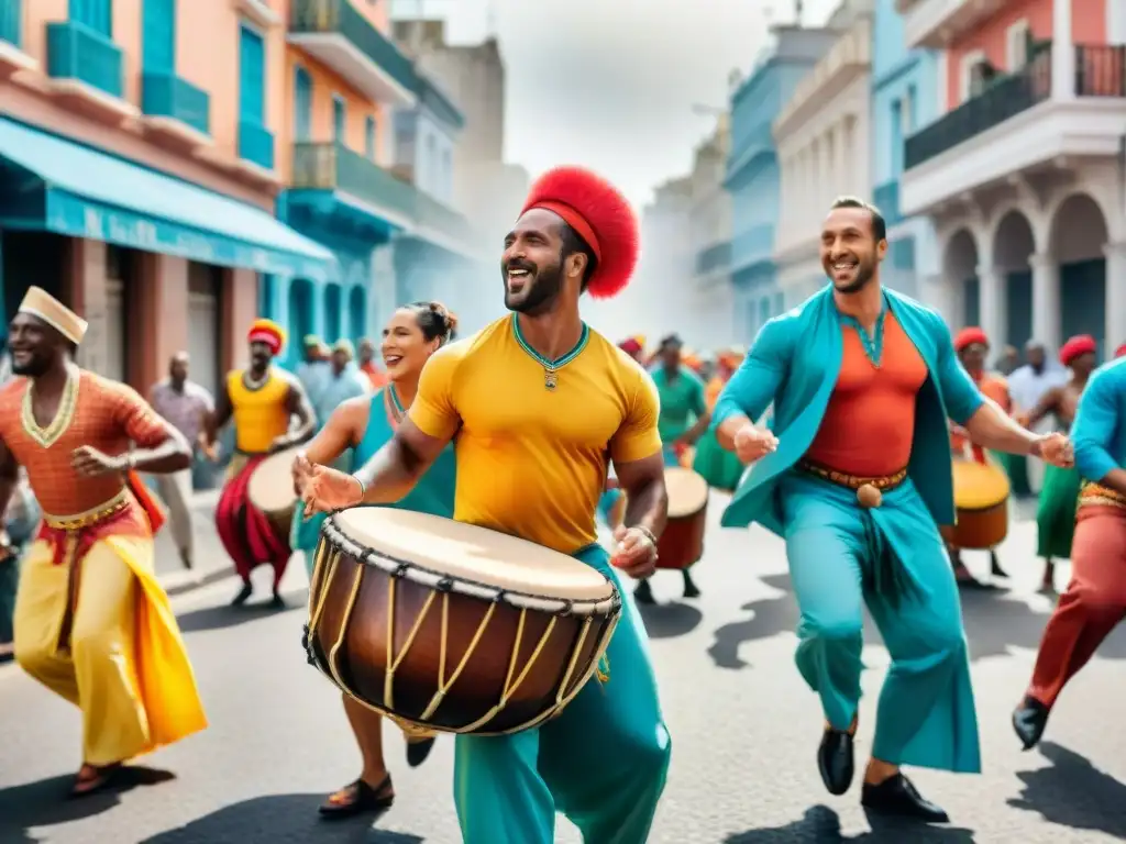 Grupo diverso bailando con alegría al ritmo de tambores de Candombe en Montevideo, Uruguay, mostrando la esencia de talleres de candombe en Uruguay