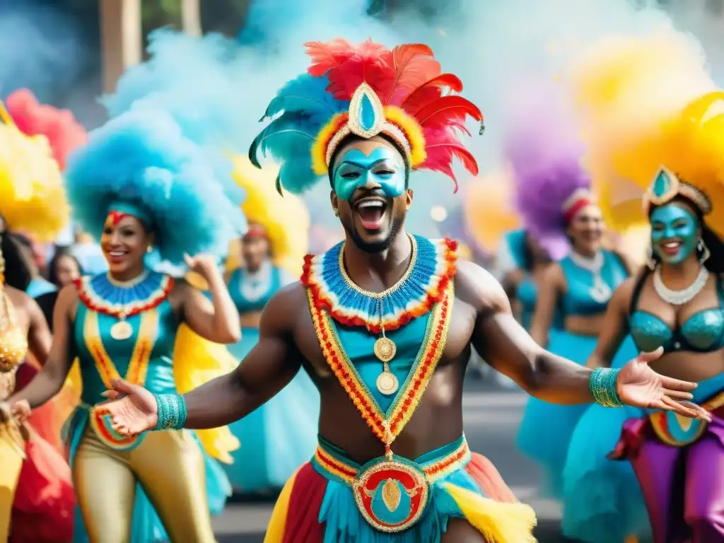 Grupo diverso de artistas alegres en Carnaval Uruguay, danzando entre confeti y coloridas decoraciones, celebrando la vida